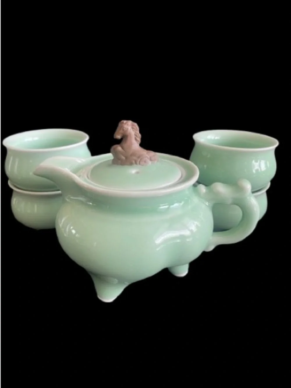 Vtg Chinese Gongfu Celadon Tea Pot 4 Cups Set Jade Green Glaze Horse On The Lid